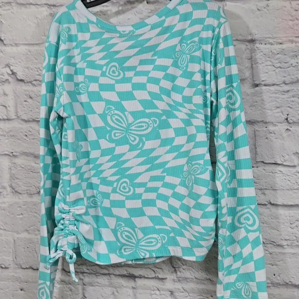 Justice Girls Top 7 8 Butterfly Ribbed Button Front Cinch Long Sleeve Tee School